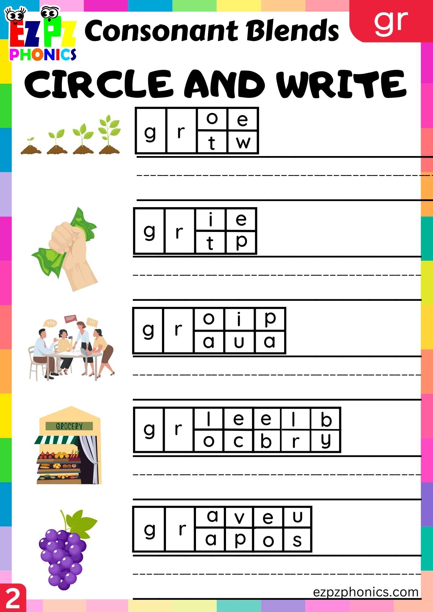 Group2 GR Words Circle And Write Phonics Consonant Blends Worksheet